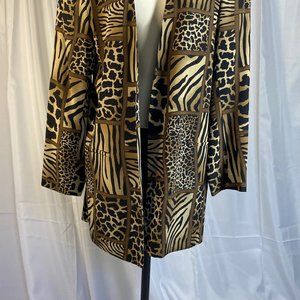 Jones NY Jacket Long Animal Print Browns 100% Silk Soft Vintage with Shoulder Pd